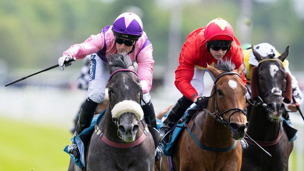 Azure Blue (left) claims a major scalp in defeating Highfield Princess in the Duke of York Stakes
