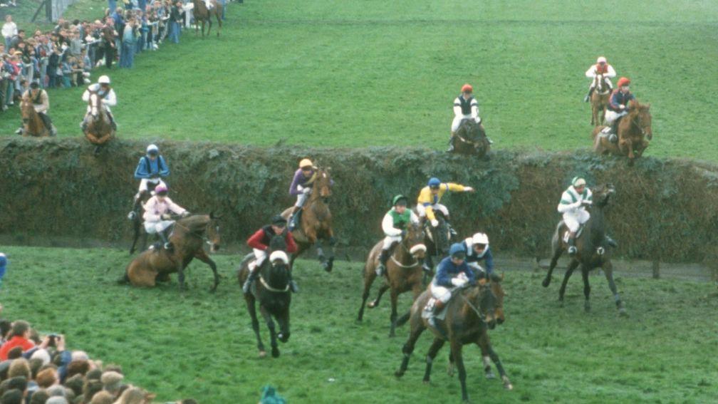 Rhyme 'n' Reason sprawling at the back in the Grand National that he went on to win under Brendan Powell