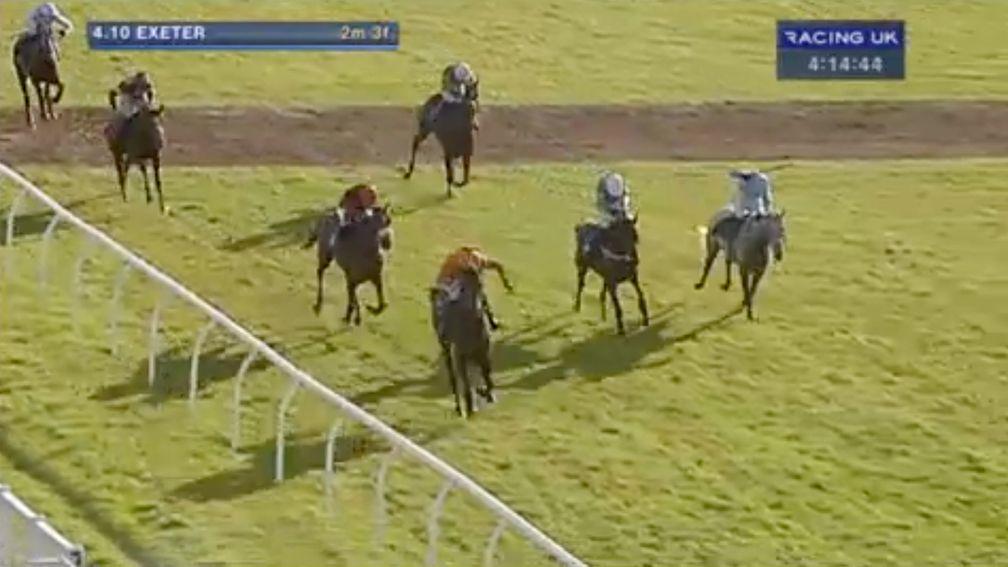 Go West Young Man and Jake Greenall (orange) hit the front at Exeter in October 2014