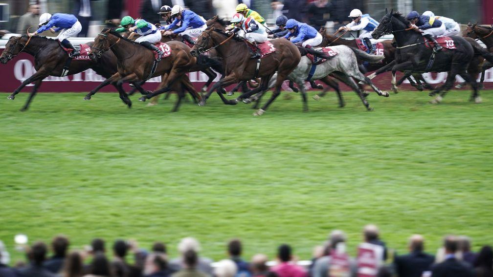 One Master and Pierre-Charles Boudot (green sleeves and cap) run down Inns Of Court to score in the Prix de la Foret