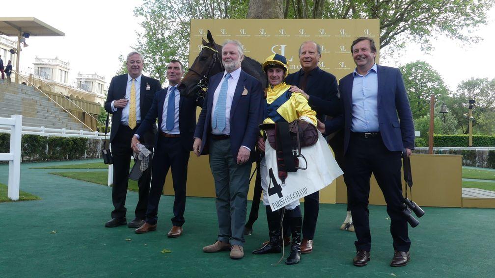 The Good Man flanked by his happy entourage after the Group 3 Prix de Barbeville: Adrian Pratt (left), Peter Anwyl-Harris (third left), jockey Theo Bachelot, co-breeder Gerard Larrieu (second right) and trainer Stephane Wattel