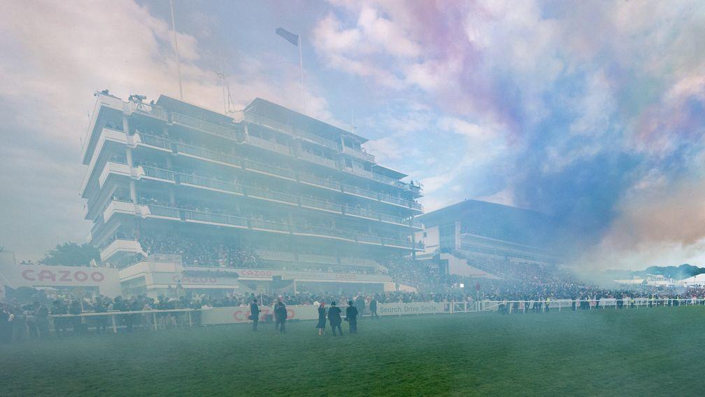 Smog drifts in front of the stands after the Derby fireworks display