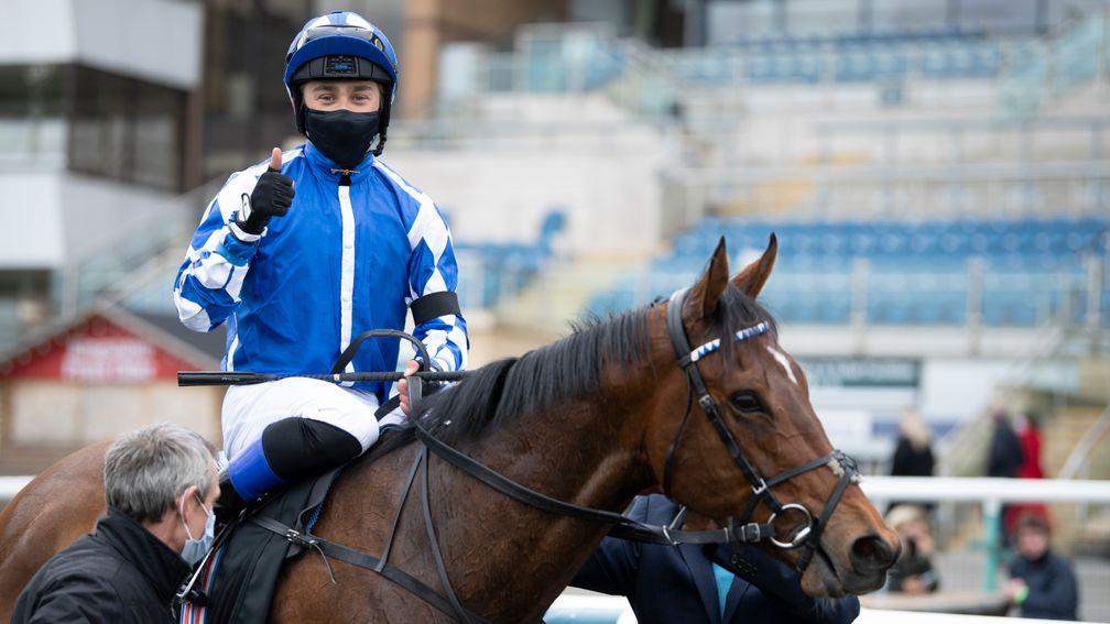 Benoit de la Sayette gives the thumbs-up after winning the Lincoln on Haqeeqy this year