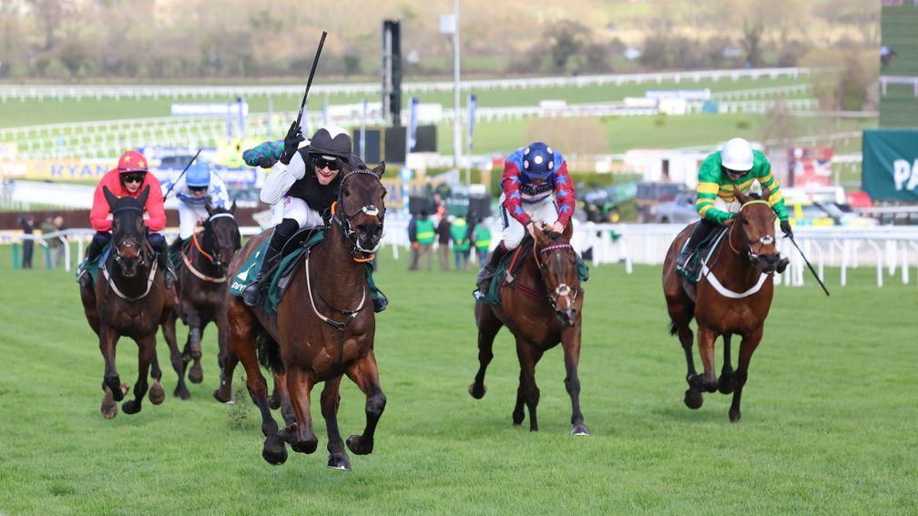 Flooring Porter clears away from Champ and Paisley Park in the Stayers' Hurdle