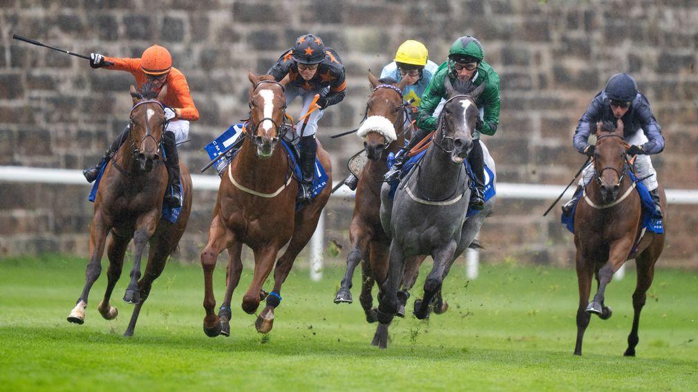 The runners in the Lily Agnes Conditions stakes round the bend into the home straightChester 4.5.22 Pic: Edward Whitaker