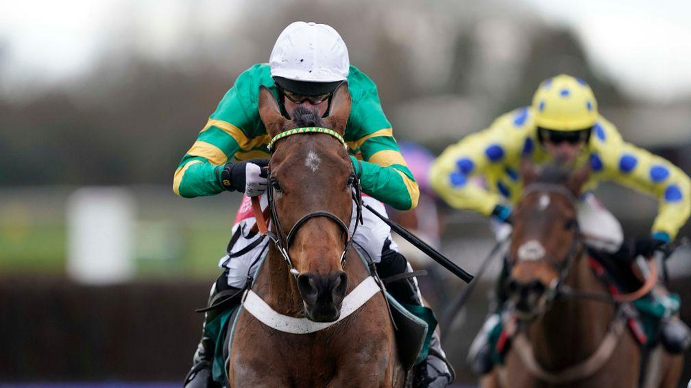 Derek O'Connor riding Ok Corral (green) clear the last to win The McCoy Contractors 2019 Construction News Awards Finalist Hampton Novices' Chase at Warwick  (Photo by Alan Crowhurst)