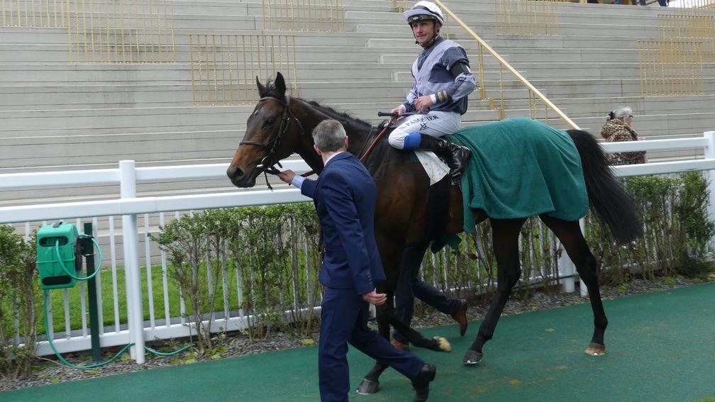 Study Of Man returning with Stephane Pasquier after finishing second in the Prix Ganay