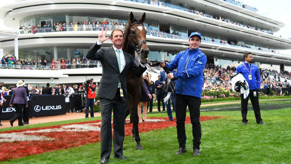 Winning feeling: Charlie Appleby poses with Cross Counter after the Godolphin gelding's Melbourne Cup victory