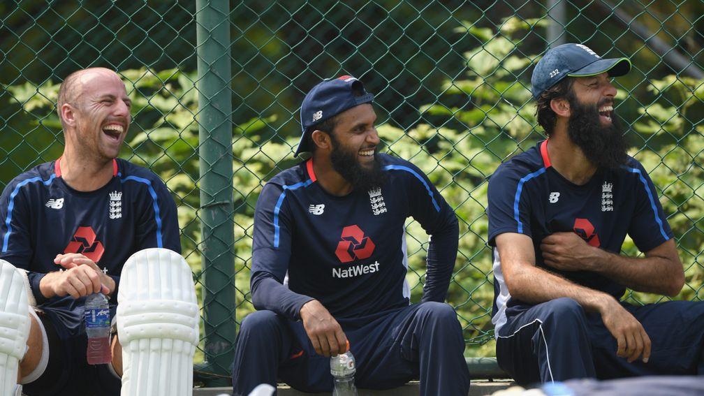 Spinners Jack Leach, Adil Rashid and Moeen Ali enjoy a chuckle during net practice