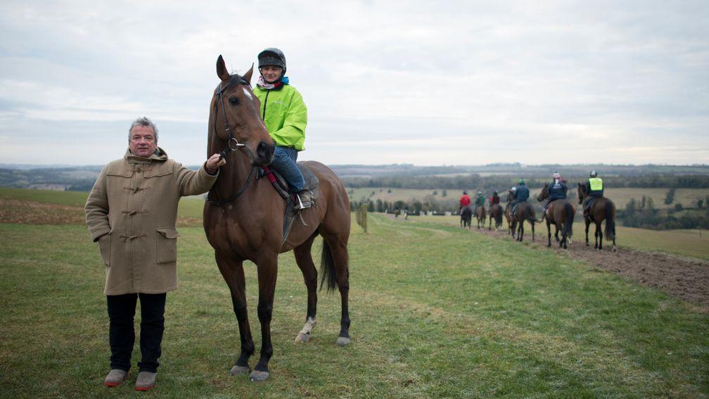 Wayne Jones pictured aboard The New One on the gallops at Grange Hill Farm