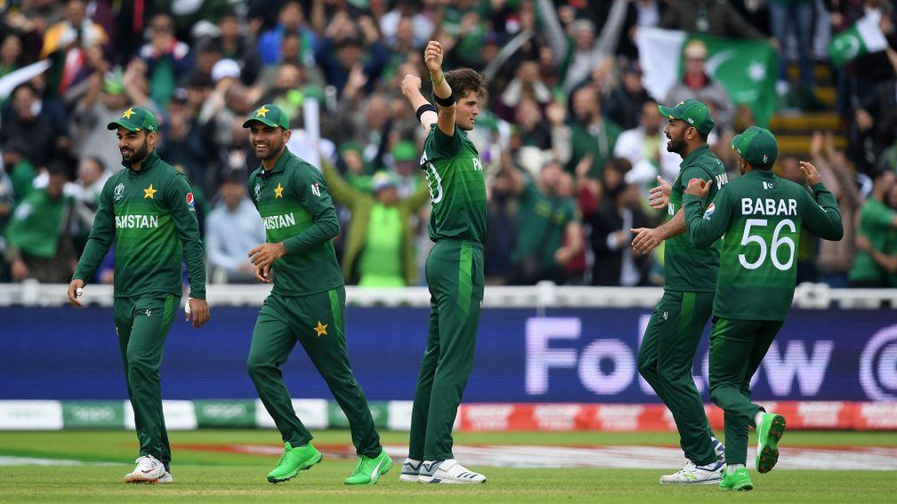 Pakistan celebrate one of Shaheen Afridi’s three wickets in the win over New Zealand