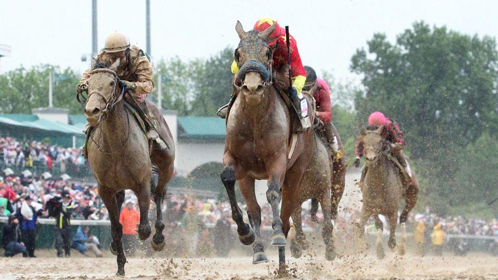 Abel Tasman (right): Kentucky Oaks winner will be a hot favourite for the Coaching Club American Oaks in which she renews rivalry with Daddys Lil Darling (left)
