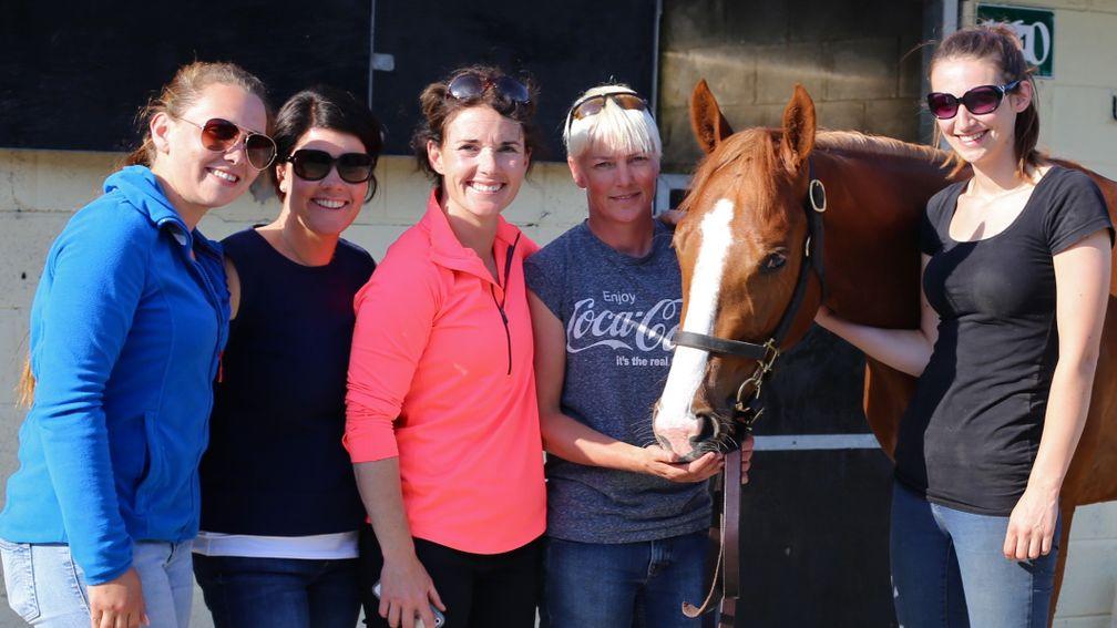 Katie Walsh (pink top) and her team with the record-breaking Frankel filly