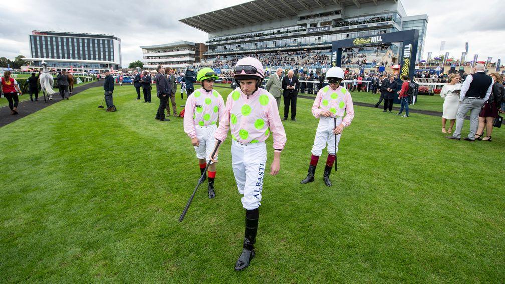 Three of a kind: Andrea Atzeni, Ryan Moore and Frankie Dettori before the Doncaster Cup