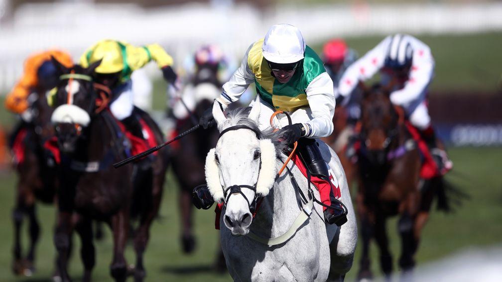 CHELTENHAM, ENGLAND - MARCH 16: Vintage Clouds ridden by Ryan Mania on their way to winning the Ultima Handicap Chase during day one of the Cheltenham Festival at Cheltenham Racecourse, on March 16, 2021 in Cheltenham, England. Sporting venues around the