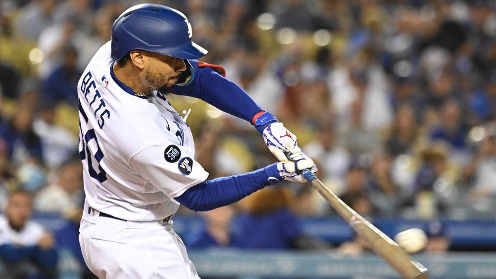 Mookie Betts of the Los Angeles Dodgers hits against the Colorado Rockies