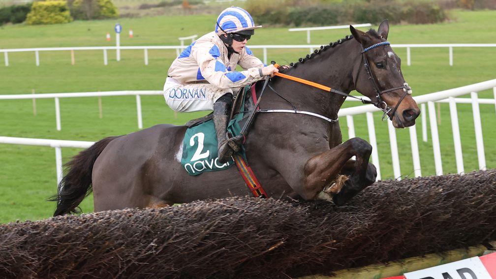 Captain Guinness ridden by Rachael Blackmore jumping the last fence to win The Bar One Racing Fortria Steeplechase