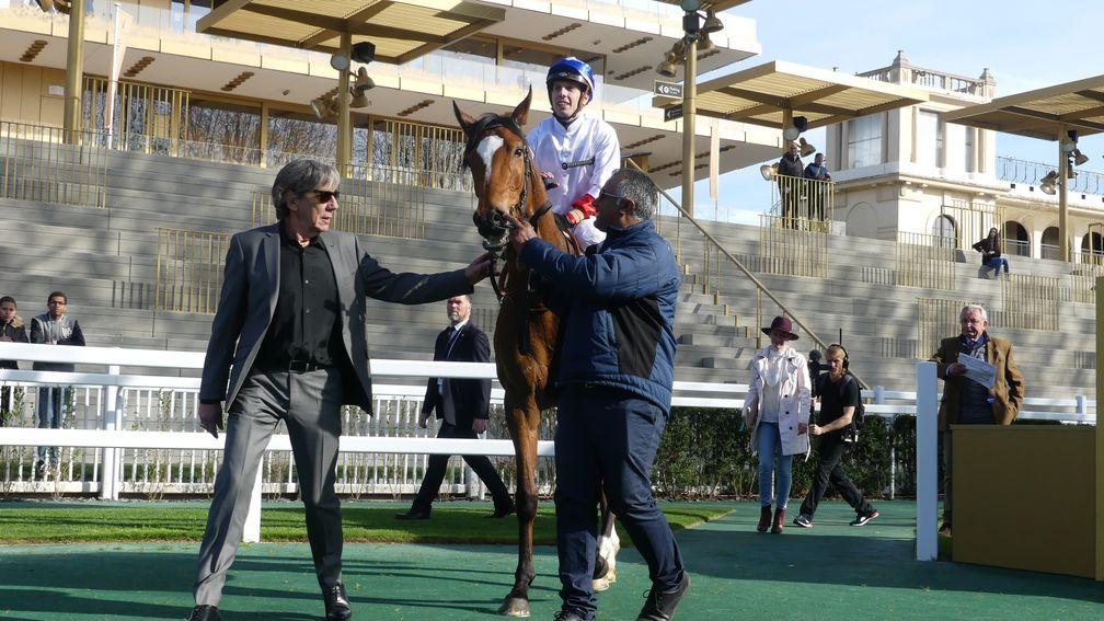 Grand Glory and Cristian Demuro return to the Longchamp winner's enclosure after beating a decent field in the Prix Zarkava