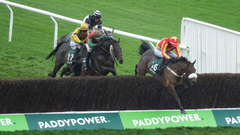 Coole Cody leads Spiritofthegames over the final fence in the 2020 Paddy Power Gold Cup, the pair went on to finish first and second