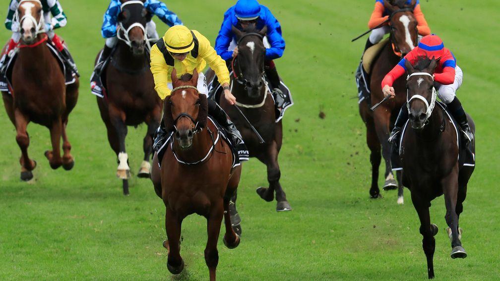 Tom Marquand (yellow silks) and Addeybb strike in the Ranvet Stakes