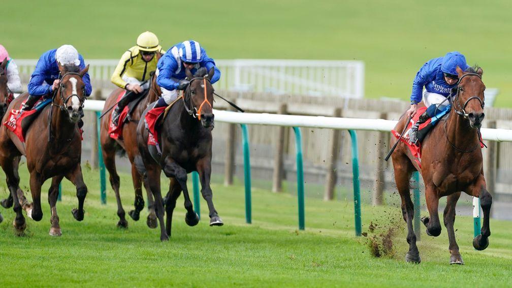 Akmaam (striped cap) gives chase to One Ruler in last season's Dubai Autumn Stakes at Newmarket