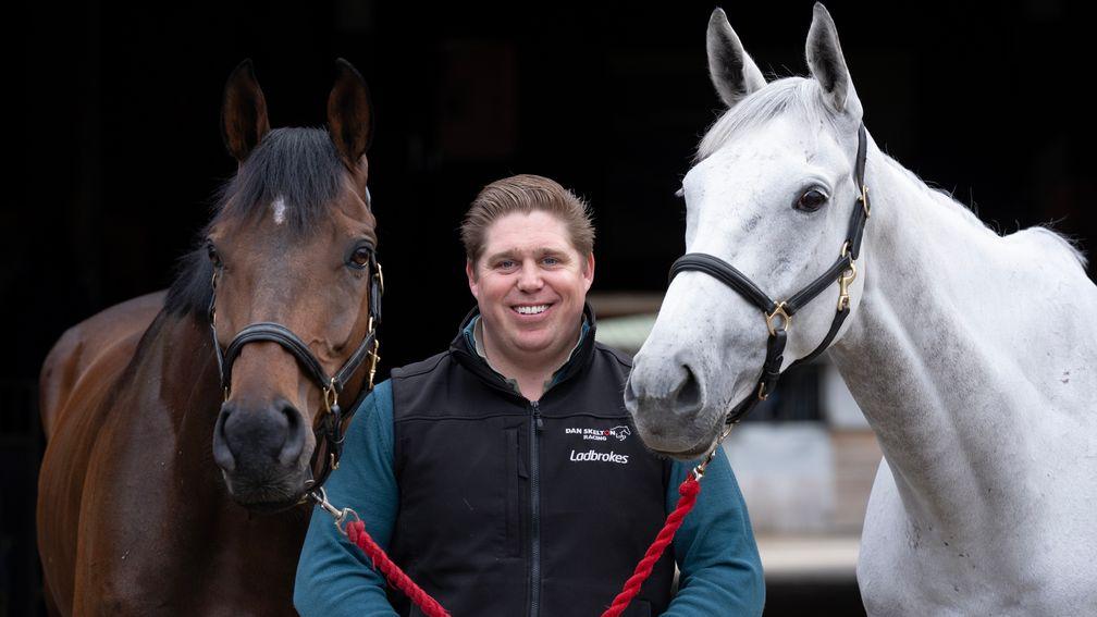 Dan Skelton, pictured with Cheltenham winners Protektorat and Grey Dawning at his Lodge Hill Stables in Warwickshire