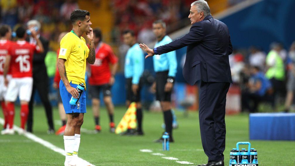 Tite gives instructions to Philippe Coutinho in Brazil's opener against Switzerland