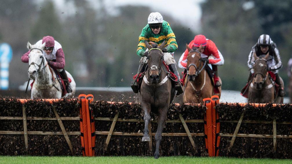 Ballyandy (red) chased home Epatante to be third in the Christmas Hurdle
