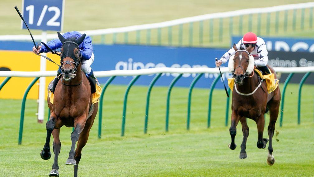 NEWMARKET, ENGLAND - APRIL 29: William Buick riding Noble Truth (blue) win The Betfair King Charles II Stakes at Newmarket Racecourse on April 29, 2022 in Newmarket, England. (Photo by Alan Crowhurst/Getty Images)