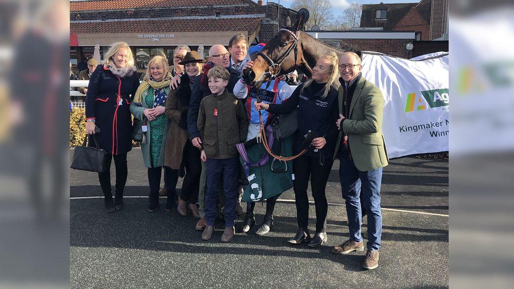 Connections with Rouge Vif in the winner's enclosure after his Kingmaker success