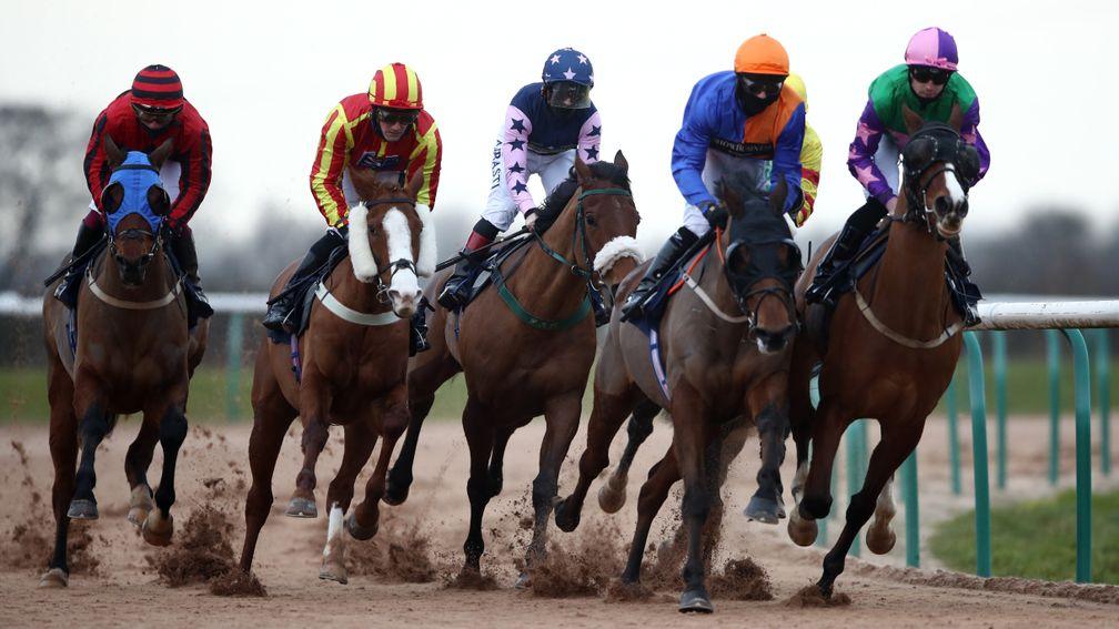 SOUTHWELL, ENGLAND - JANUARY 10: Runners and riders in action during the Betway Handicap at Southwell Racecourse on January 10, 2021 in Southwell, England. (Photo by Pool/Getty Images)