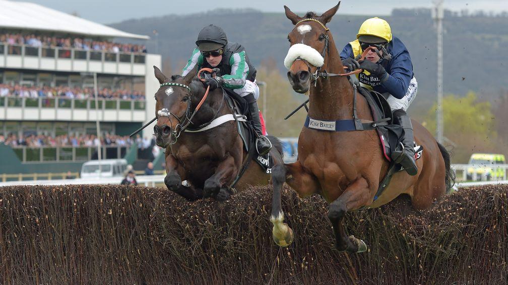 Charbel and David Bass (right) still leading Altior in the 2017 Arkle at the Cheltenham Festival