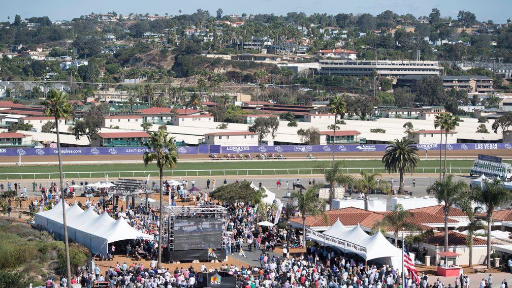 The back stretch at Del Mar racecourse in southern California where racing has had to be cancelled due to an outbreak of Covid-19 among jockeys