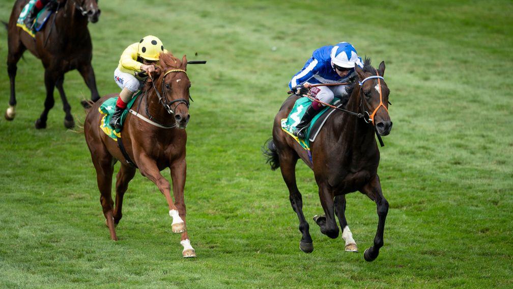 Mystery Power (blue) lands the Superlative Stakes at Newmarket