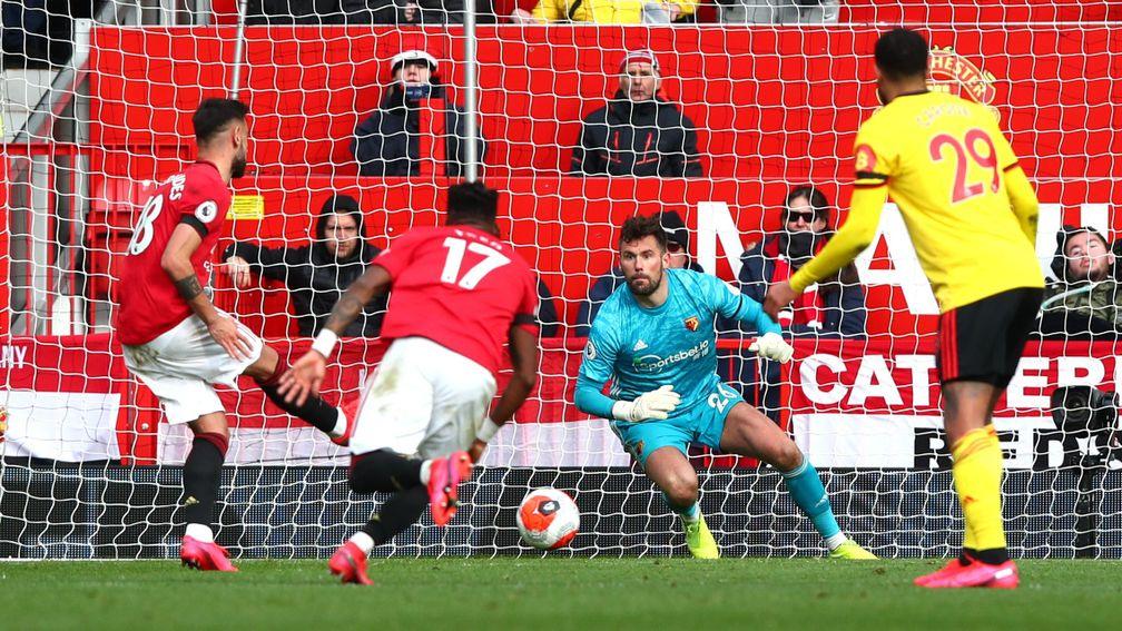 Bruno Fernandes converts a penalty to put Manchester United ahead against Watford