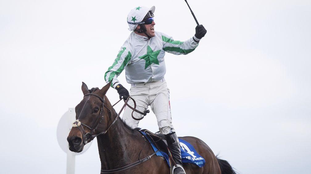 Robbie Power celebrates after winning the 2017 Irish Grand National on Our Duke
