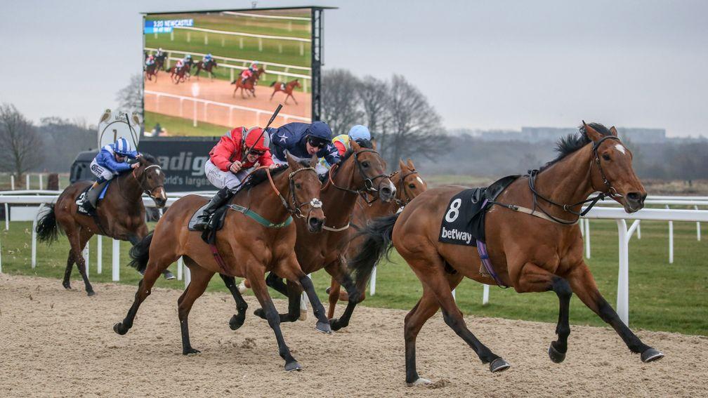 Stargazer (Kevin Stott, nearside) just gets the better of Island Brave (Luke Morris, navy) at Newcastle on Good Friday before being demoted by the local stewards
