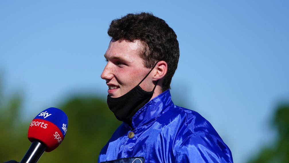 LINGFIELD, ENGLAND - JUNE 01: Jockey Rhys Clutterbuck is interviewed prior to The Each Way Extra At bet365 Handicap at Lingfield Park Racecourse on June 1, 2021 in Lingfield, England. (Photo by John Walton - Pool/Getty Images)