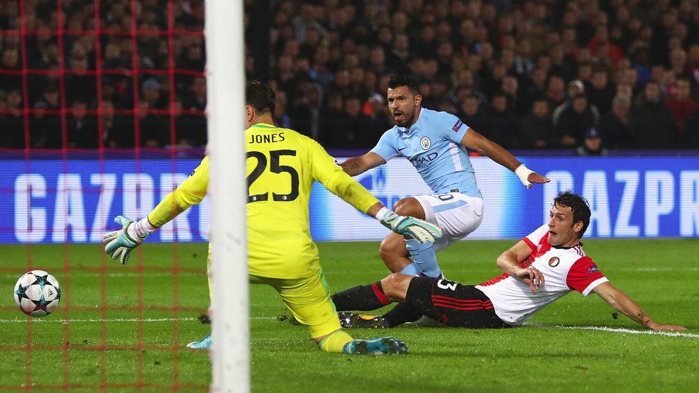 Manchester City’s star striker Sergio Aguero caused problems for the Feyenoord defence in Rotterdam on matchday one