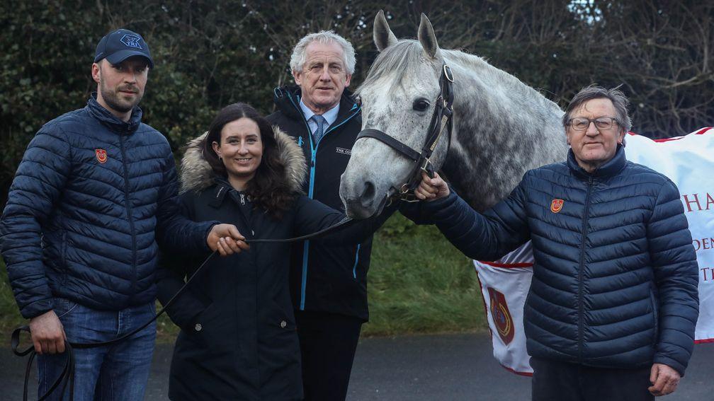 From l-r: stallion man Liviu Parvu, Madeline Burns, Curragh chief executive Pat Keogh and Maurice Burns - together with sire Gregorian - at the launch of the Rathasker Stud Phoenix Sprint Stakes