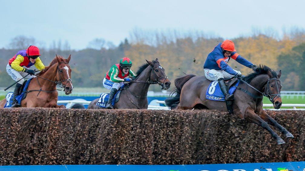 Le Milos and Harry Skelton take the last in the Coral Gold Cup from stablemates Remastered (left) and Gericault Roque