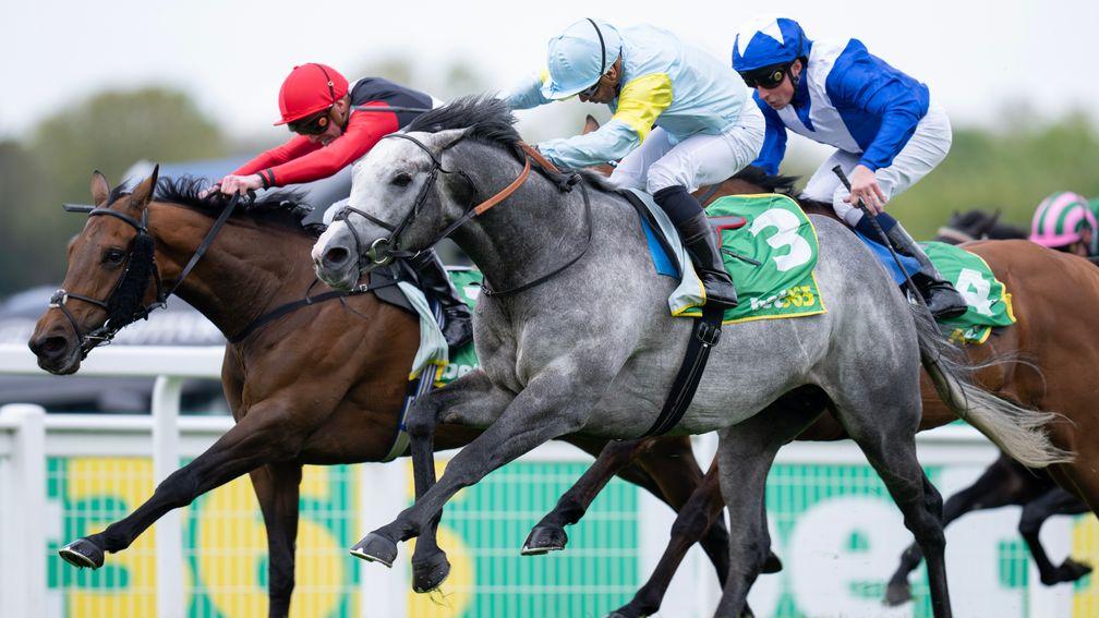 Charyn (grey) wins the Group 2 bet365 Mile at Sandown