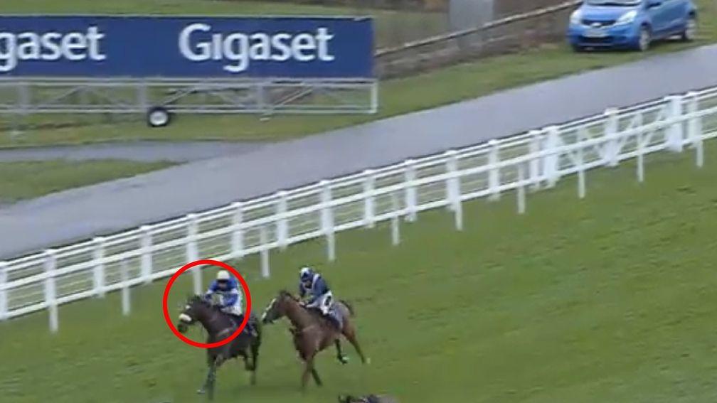 Diego Du Charmil (circled) is leading but starts to come across his stablemate Capeland