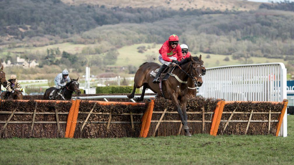 Kilbricken Storm and Harry Cobden clear the last en route to victory in the Albert Bartlett Novices' Hurdle