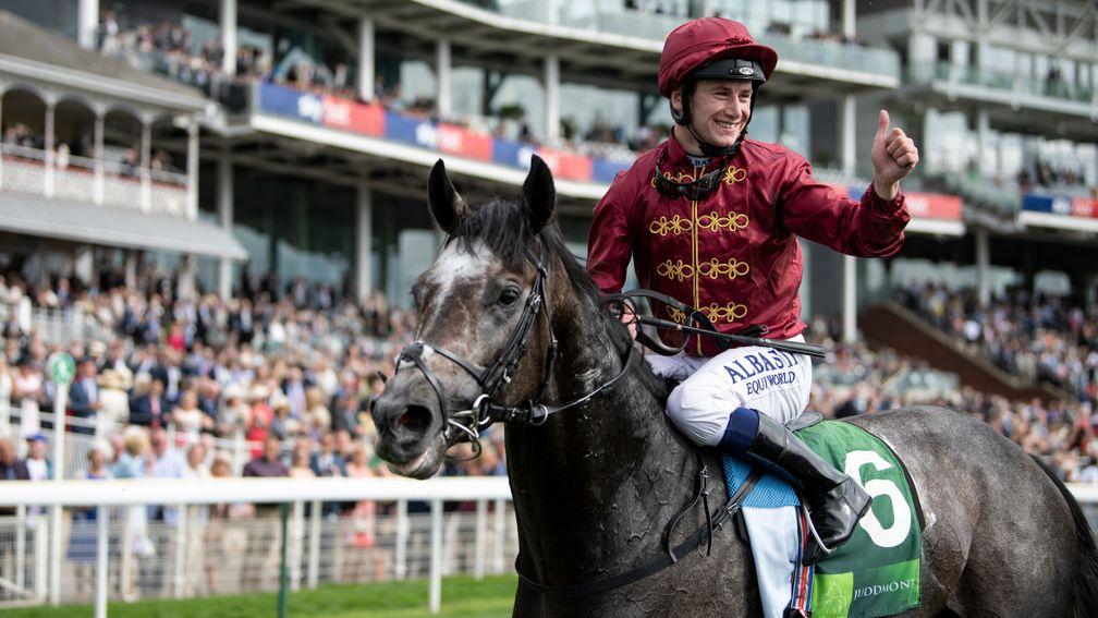 Celebration time: Oisin Murphy gives the thumbs-up after Roaring Lion’s decisive win