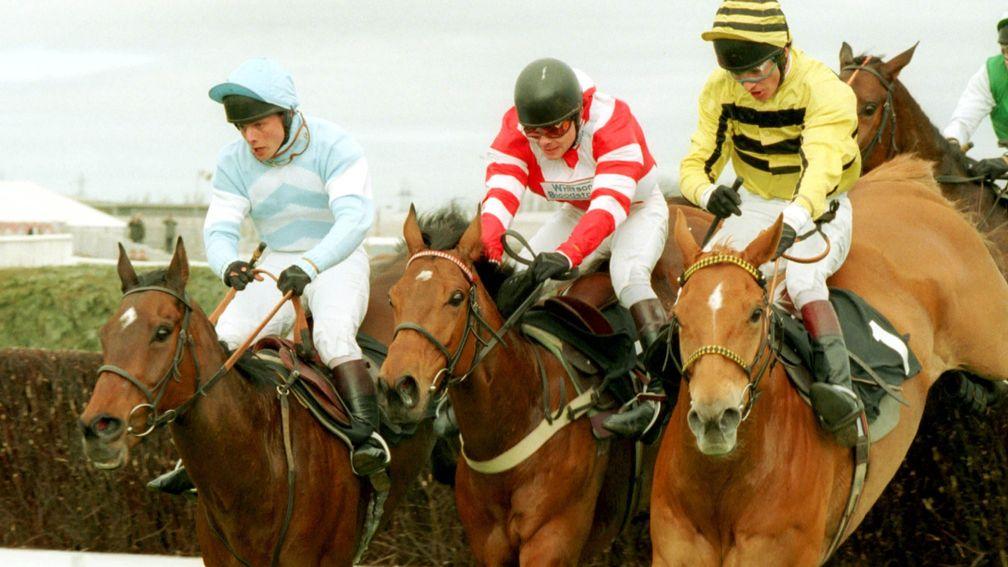 All-time classic: Martha's Son (left), Viking Flagship (centre) and Deep Sensation jump the last in the 1995 Melling Chase