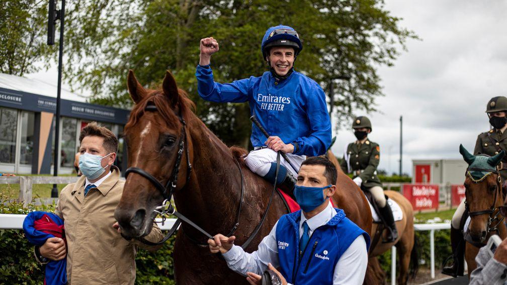 A delighted William Buick returns to the winner's enclosure at the Curragh aboard Hurricane Lane