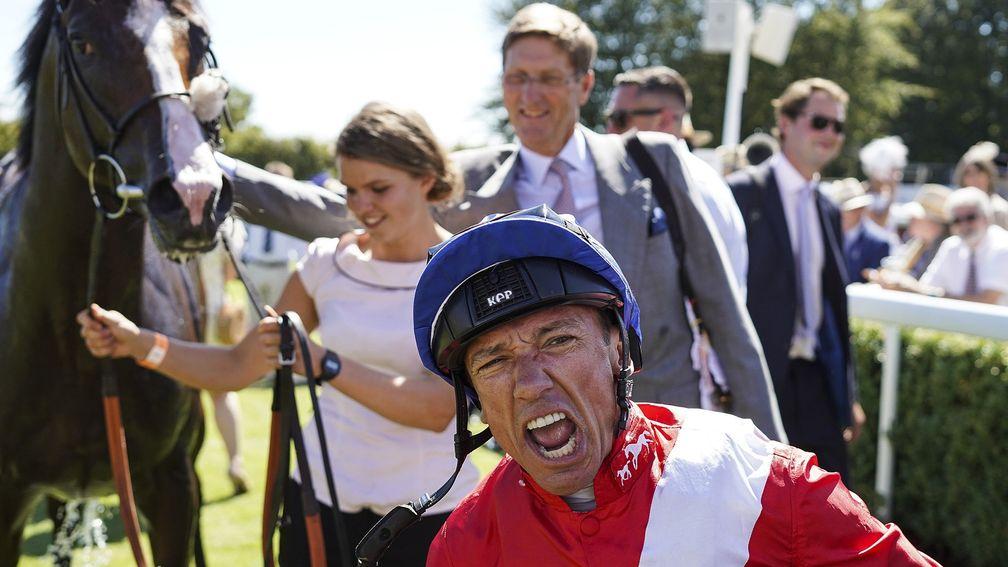 Frankie’s back: Frankie Dettori is in celebratory mood after his victory on Regal Reality at Glorious Goodwood