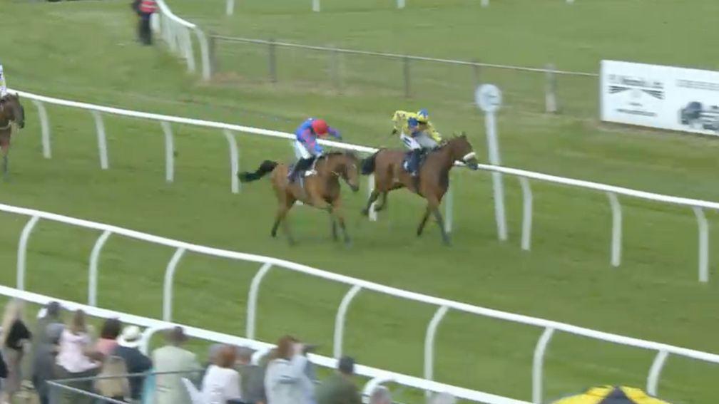 Dasher Riley (red cap) and Trolley Boy fight out the finish in the final half-furlong of the 2m handicap hurdle