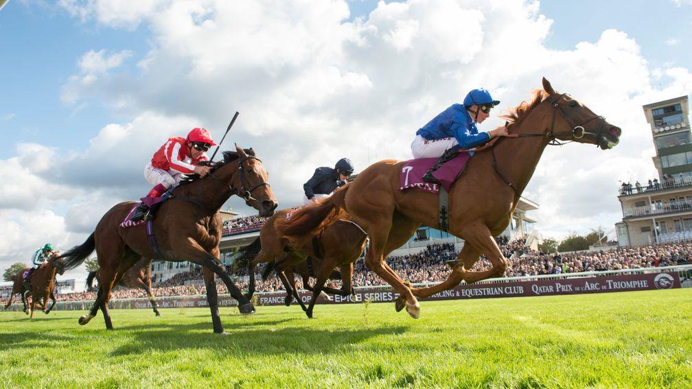 Dabyah and Frankie Dettori (red silks) chase home Wuheida in the Prix Marcel Boussac at Chantilly last October